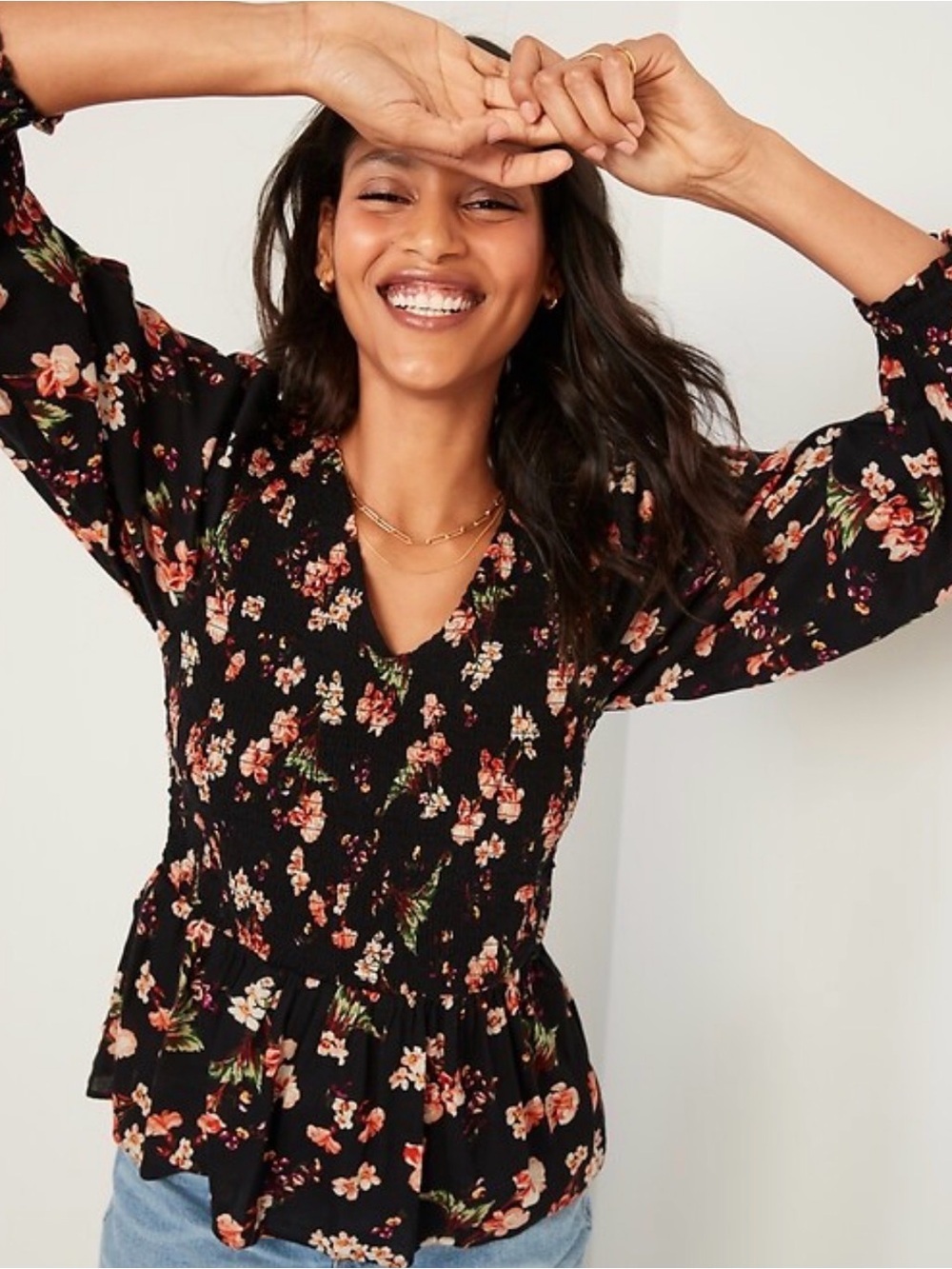 Old Navy Smocked Long-Sleeve Black Floral Boho Festival Peplum Blouse XL